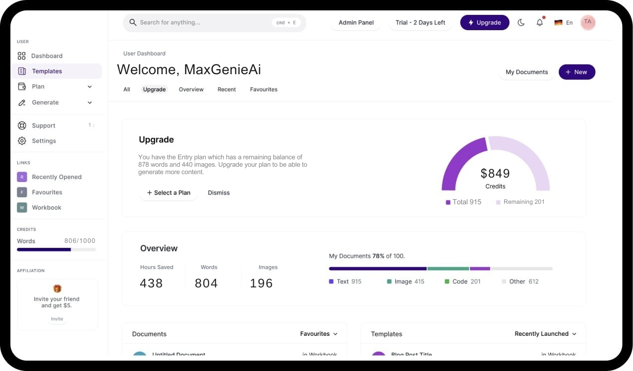 MagicAI Dashboard Mockup